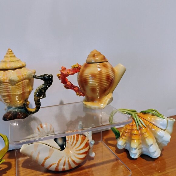 Vtg Mini Seashell Shaped Ceramic Teapot Set of 5 Thailand 3" - Picture 8 of 12